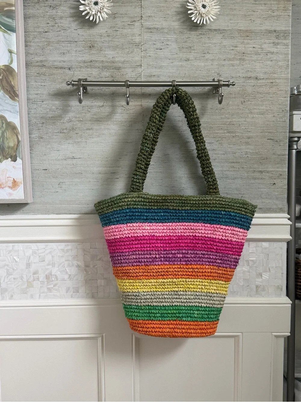 New anthropologie sunshine tienda Bermuda pool tote bag rainbow straw stripe